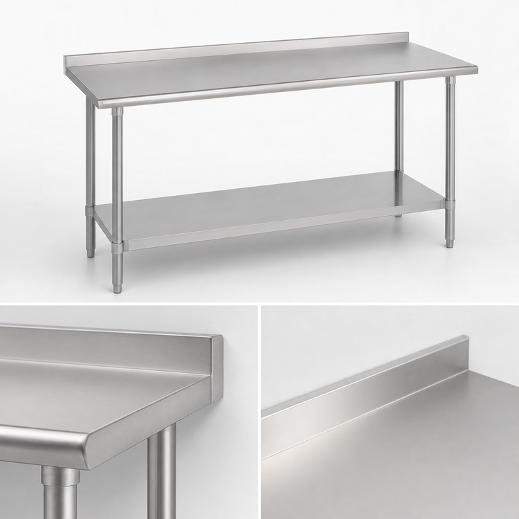 Product image #4 for Duke 108-Inch x 30-Inch 14-Gauge 300 Series Stainless Steel Work Table with 1-1/8-Inch Straight Riser