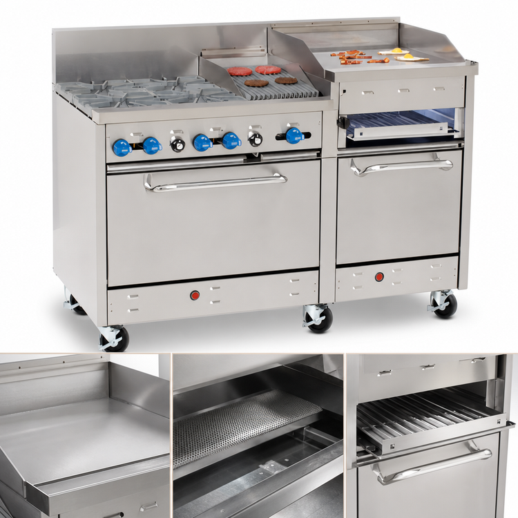 Product image #4 for Comstock-Castle Stainless Steel 60-Inch Commercial Gas Range with 2 Open Burners, 30-Inch Raised Griddle, 18-Inch Char-Broiler, and 2 Standard Ovens