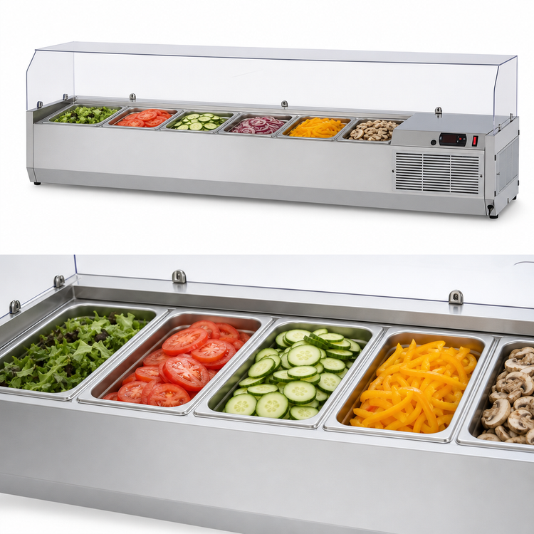 Product image #5 for Turbo Air E-Line Countertop Refrigerated Salad Prep Table with Clear Hood, 60-1/4 Inch, 7 x 1/4 Size Pan Capacity