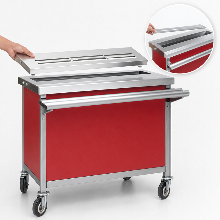 Product image #4 for Eagle Director's Choice DCS5-BSU 78-Inch Mobile Stainless Steel Beverage Counter with Drain Trough and Holly Berry Red Front Panel