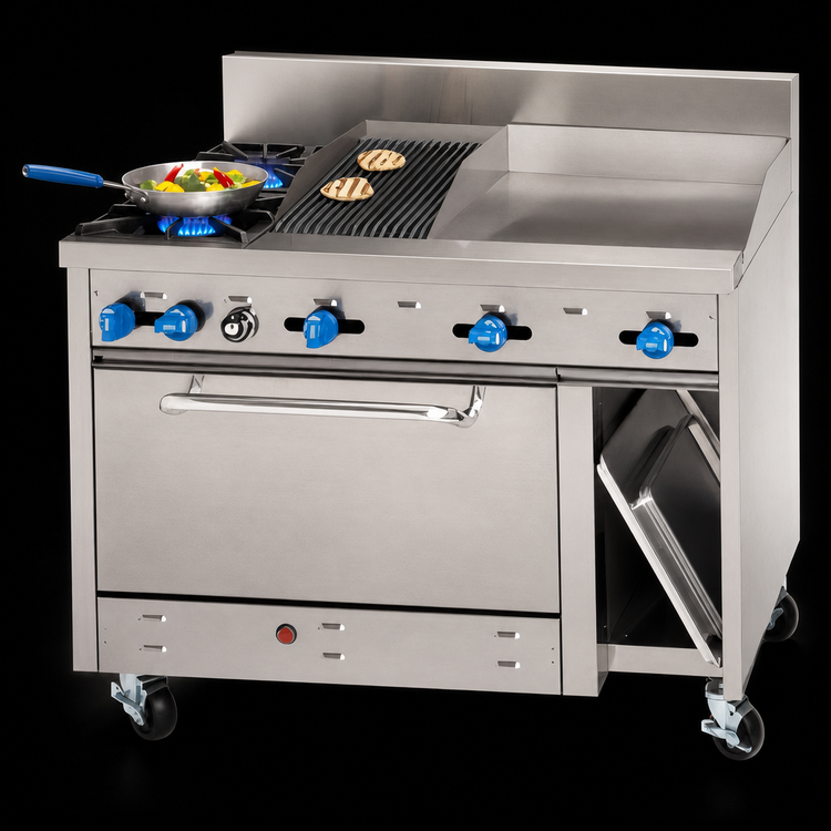 Product image #4 for Comstock-Castle 48-Inch Commercial Gas Combination Range with 2 Open Burners, 24-Inch Griddle, 12-Inch Charbroiler, Oven and Cabinet Base