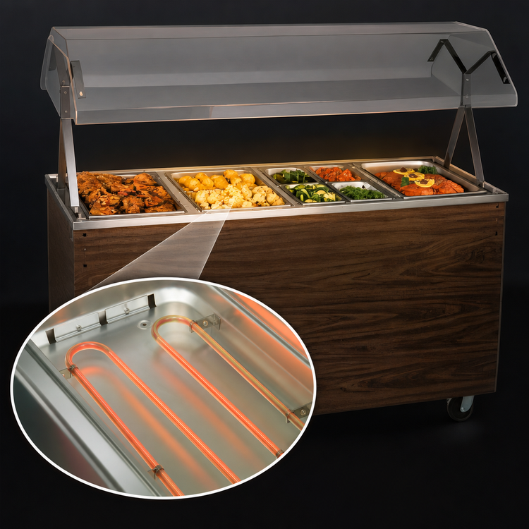 Product image #4 for Vollrath 2-Series Affordable Portable 4-Well Mobile Hot Food Station with Buffet Breath Guard, Open Storage Base, Cherry Woodgrain, 208-240V