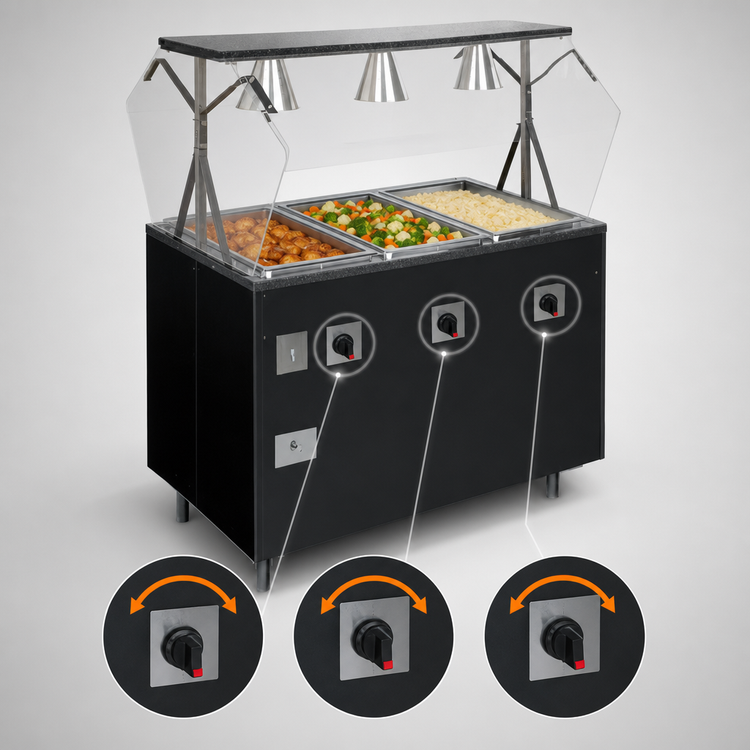 Product image #4 for Vollrath 2-Series Affordable Portable 3-Well Mobile Hot Food Station with Open Storage Base and Buffet Breath Guard, Granite