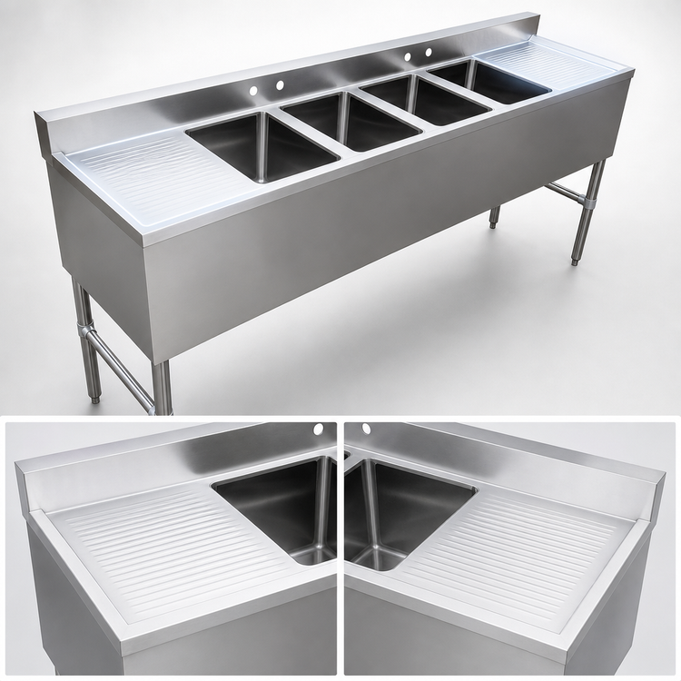 Product image #4 for Omcan 72-Inch Stainless Steel Four-Compartment Under Bar Sink with Dual Drainboards