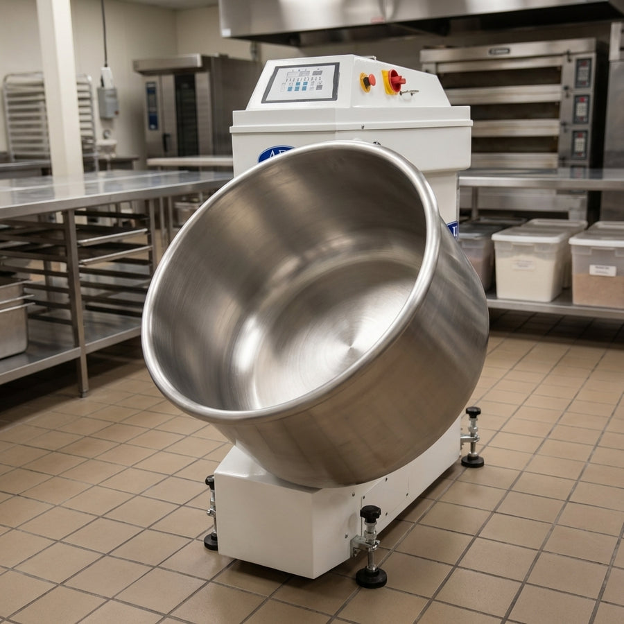 A close-up of the mixer’s fixed stainless steel bowl, highlighting its heavy-gauge construction and polished welded design.
