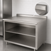 Thumbnail image #4 for 120-Inch x 24-Inch Open Front Cabinet Base Work Table with Fixed Mid-Shelf, 14-Gauge 304 Stainless Steel Top, 1-1/2-Inch Rear Splash
