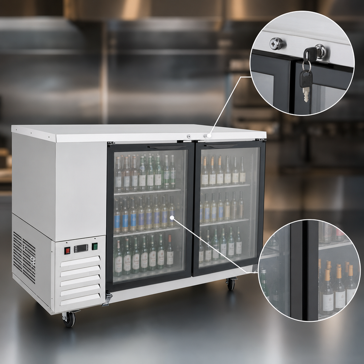 Product image #5 for Atosa Two-Section Glass Door Back Bar Cooler, 48 Inch, Self-Contained Side-Mount Refrigeration, Stainless Steel