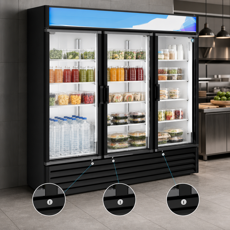 Product image #4 for Hoshizaki RM-65-HC-BLK Three-Section Reach-In Glass Door Merchandiser Refrigerator, 56.04 Cu. Ft., Black