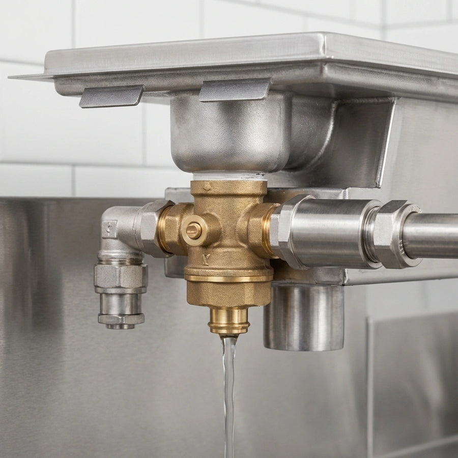 This image highlights the integrated mechanical water tempering valve and sensor, ensuring automatic waste water temperature regulation without electrical connections.