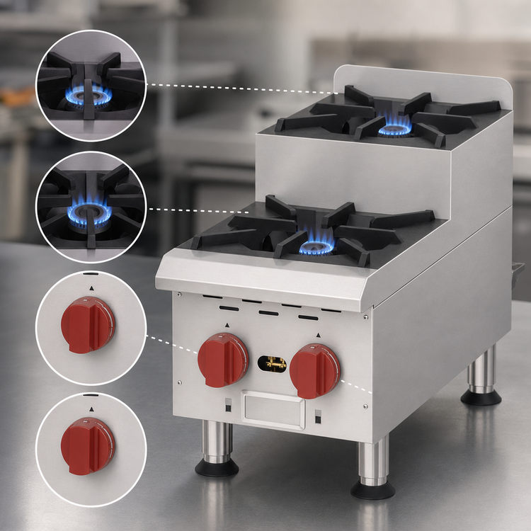 Product image #4 for Omcan USA 12-Inch Countertop Natural Gas Commercial Hot Plate with One Open Burner and One Step-Up Burner