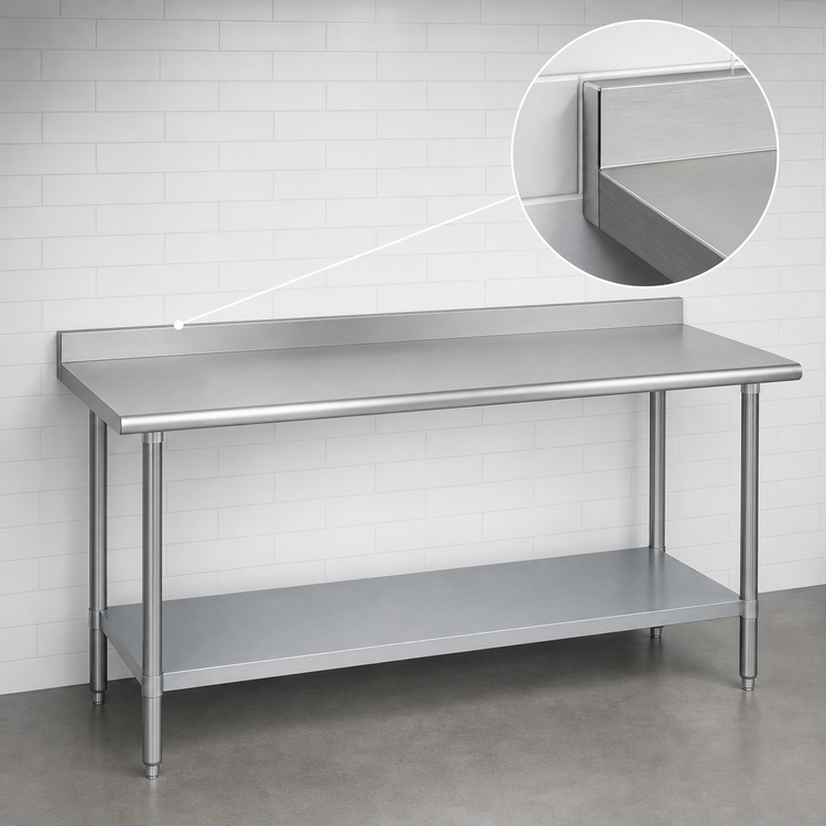 Product image #4 for Duke 108-Inch 14-Gauge 300-Series Stainless Steel Work Table with 1-1/8-Inch Straight Riser and Galvanized Undershelf