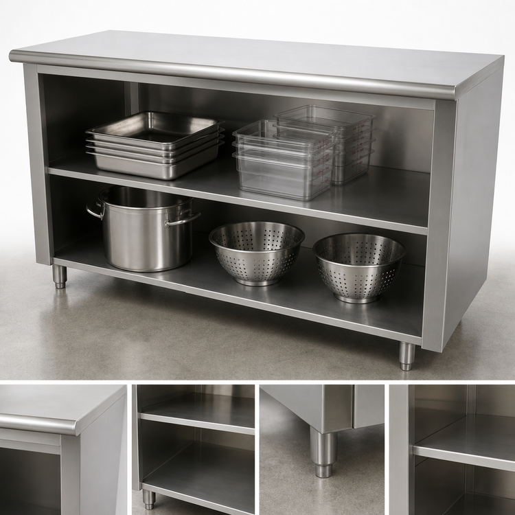 Product image #4 for Advance Tabco 108" x 36" 14-Gauge 304 Stainless Steel Work Table with Open Front Cabinet Base and Mid-Shelf