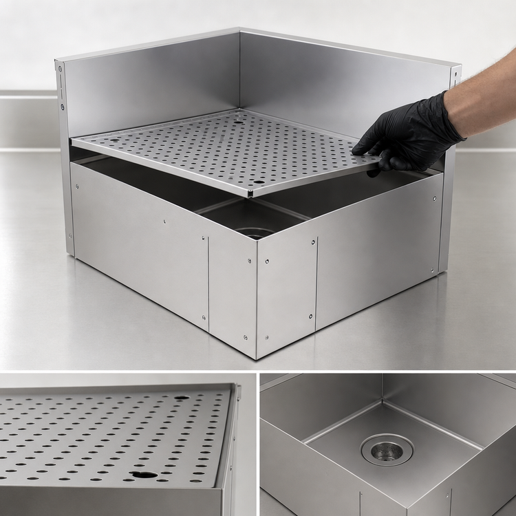 Product image #4 for Glastender Underbar Inside Rectangle Corner Drainboard, 90° Angle, with Backsplash and Removable Insert, Stainless Steel