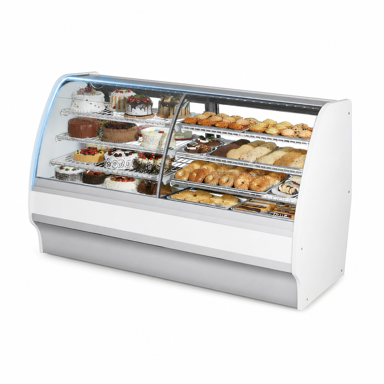Product image #4 for True 77-1/4 Inch Dual Zone Dry/Refrigerated Curved Glass Full-Service Merchandiser Display Case, Self-Contained Refrigeration, Stainless Steel / White