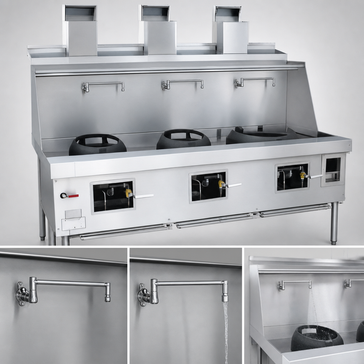Product image #4 for MasterRange MF-3-SS 3-Section Gas Wok Range with Brick-Lined Chambers and Stainless Steel Deck & Sides