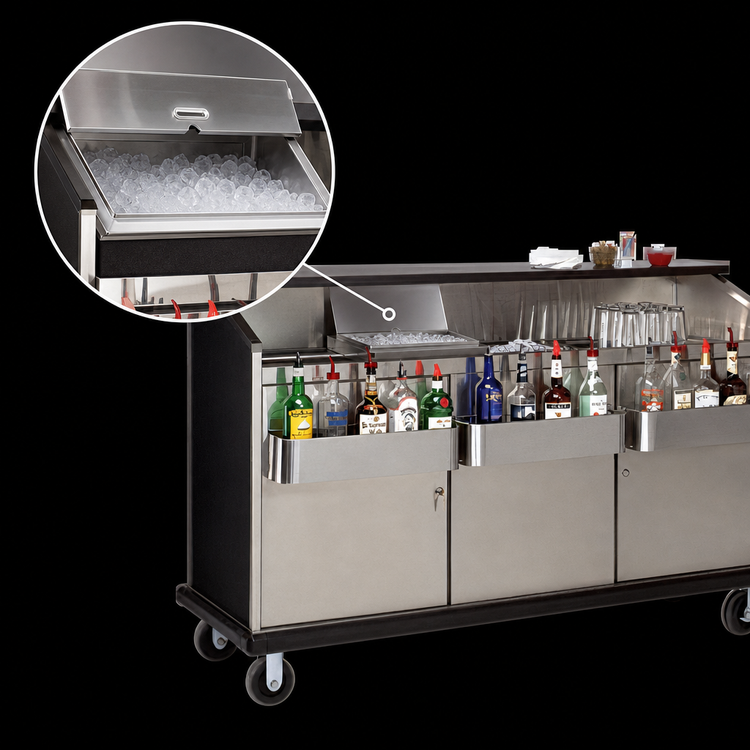 Product image #5 for Advance Tabco Freestanding Heavy Duty Portable Bar with Doors and Ice Bin, 74 3/8 Inch Wide, Black Mica Laminate