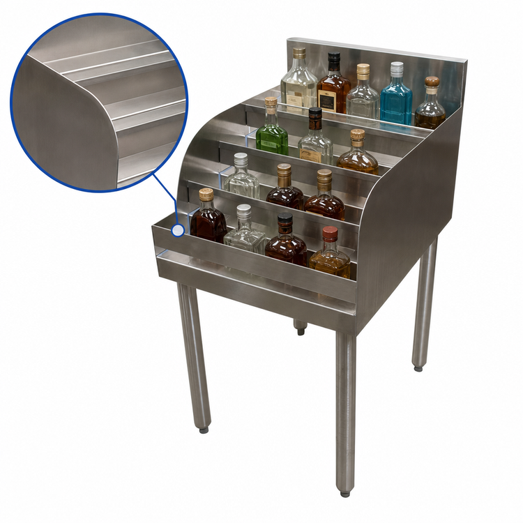 Product image #5 for BK Resources Freestanding 4-Step Stainless Steel Underbar Liquor Bottle Display, 12 Inch W x 21-1/4 Inch D, Approx. 13-Bottle Capacity