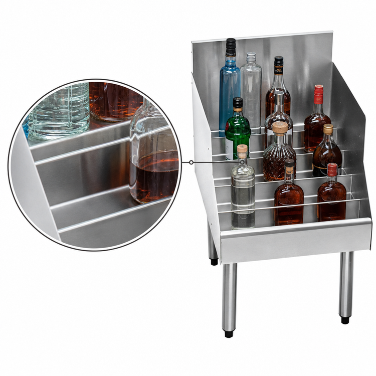Product image #4 for CHOICE Freestanding 5-Step Underbar Liquor Steps with Bottle Retaining Rails, 12 x 24 Inches, Stainless Steel