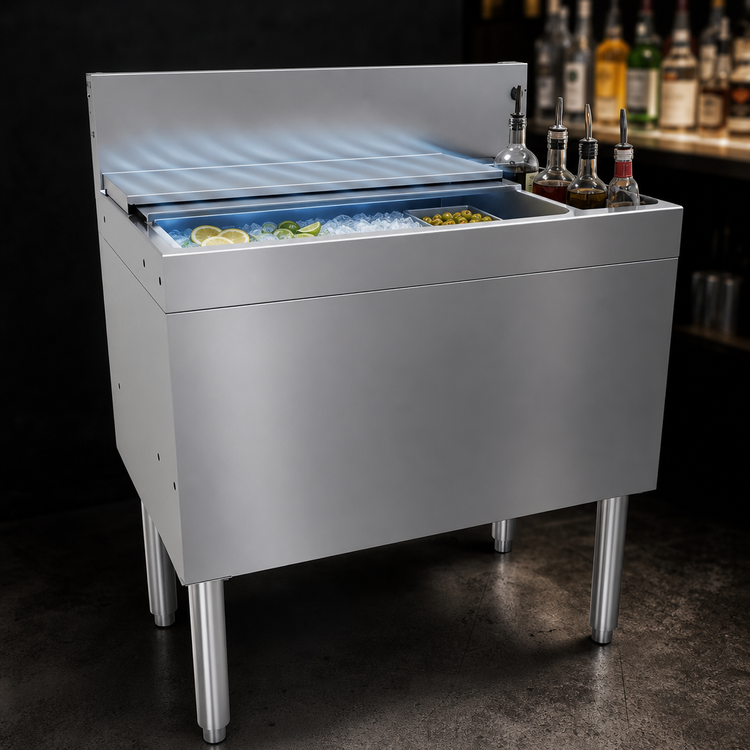 Product image #4 for Glastender Extra Deep Underbar Ice Bin/Cocktail Unit with Built-In 10-Circuit Cold Plate and Bottle Storage