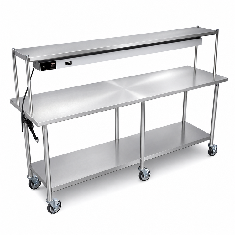 Product image #5 for John Boos Mobile Stainless Steel Expediting Work Table with Infrared Food Warmer, Overshelf, and Locking Casters, 84 x 24 x 54 Inches