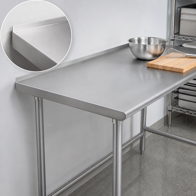 Product image #4 for Advance Tabco 108-Inch x 24-Inch 14-Gauge 304 Stainless Steel Work Table with 1-1/2-Inch Rear Splash and Galvanized Open Base