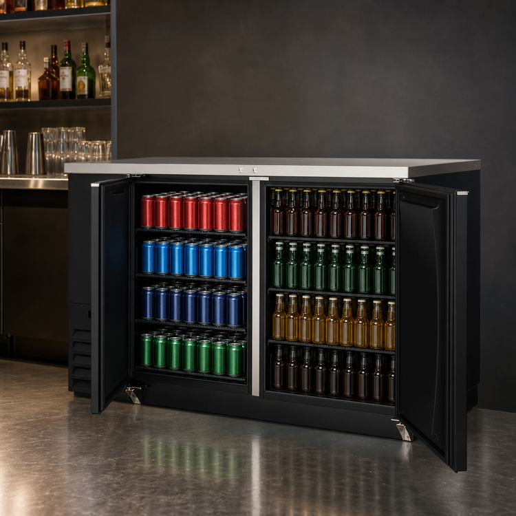Product image #4 for Everest Refrigeration EBB59 Two-Section Back Bar Refrigerator, 57-3/4-Inch Wide, 20 Cu. Ft., Stainless Steel Countertop, Black Vinyl Exterior