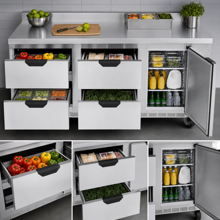 Product image #4 for Beverage-Air 72-Inch Three-Section Worktop Refrigerator with 4 Drawers and 1 Door