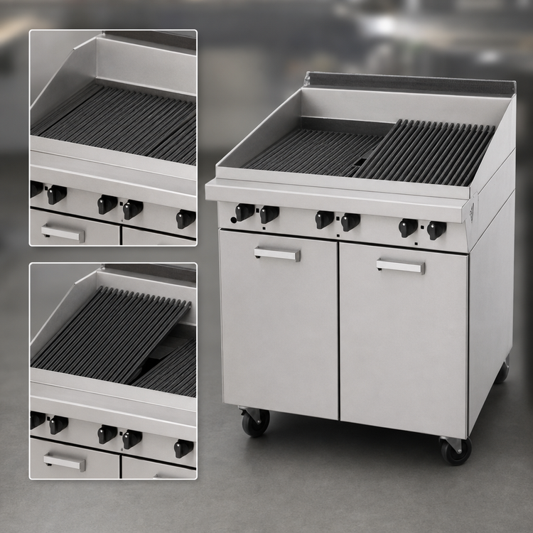 Product image #4 for Garland Master Series Floor Model Gas Charbroiler with Storage Base, 17 x 23 Inch Grill Area, Briquettes, and Reversible Flat/Tilt Grates