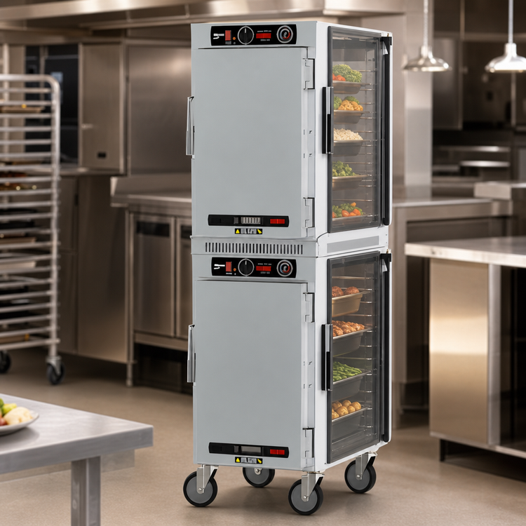Product image #5 for Metro HotBlox™ Narrow Mobile Dual-Cavity Pass-Thru Insulated Holding Cabinet, 16-Pan, Analog, Solid Front / Clear Rear Doors