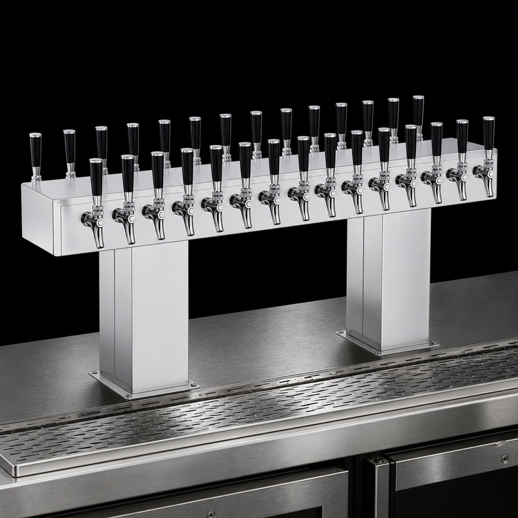 Product image #4 for Perlick Extra-High Back-to-Back Bridge Tee Countertop Glycol-Cooled Draft Beer Tower, 24 Faucets, Polished Chrome
