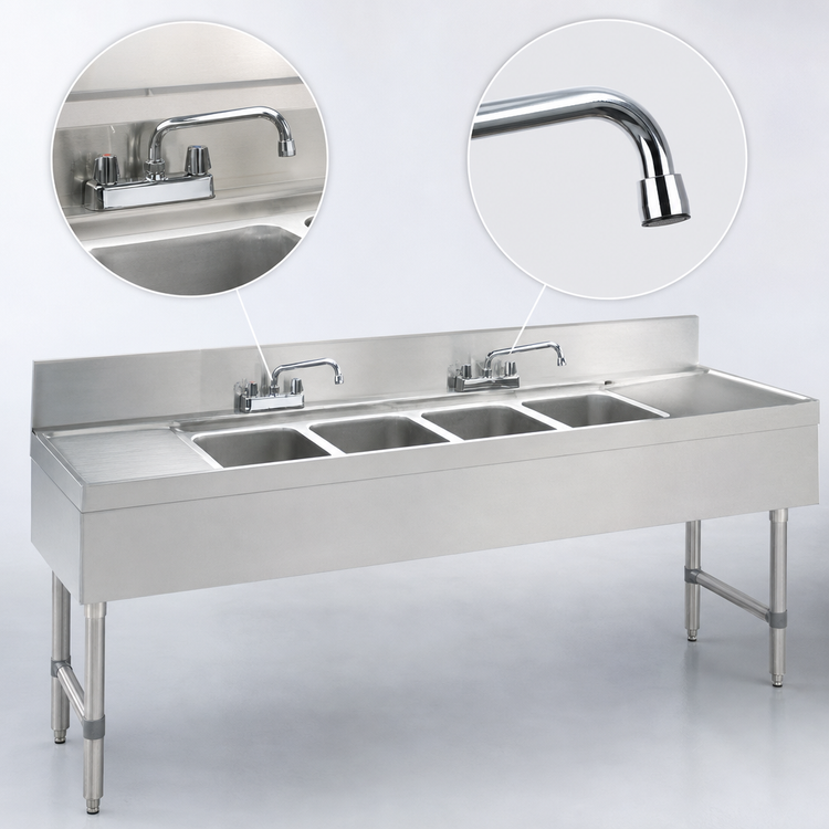 Product image #4 for Advance Tabco Special Value Series 4-Compartment Stainless Steel Bar Sink with Deck-Mount Faucets and Dual Drainboards, 84 Inch