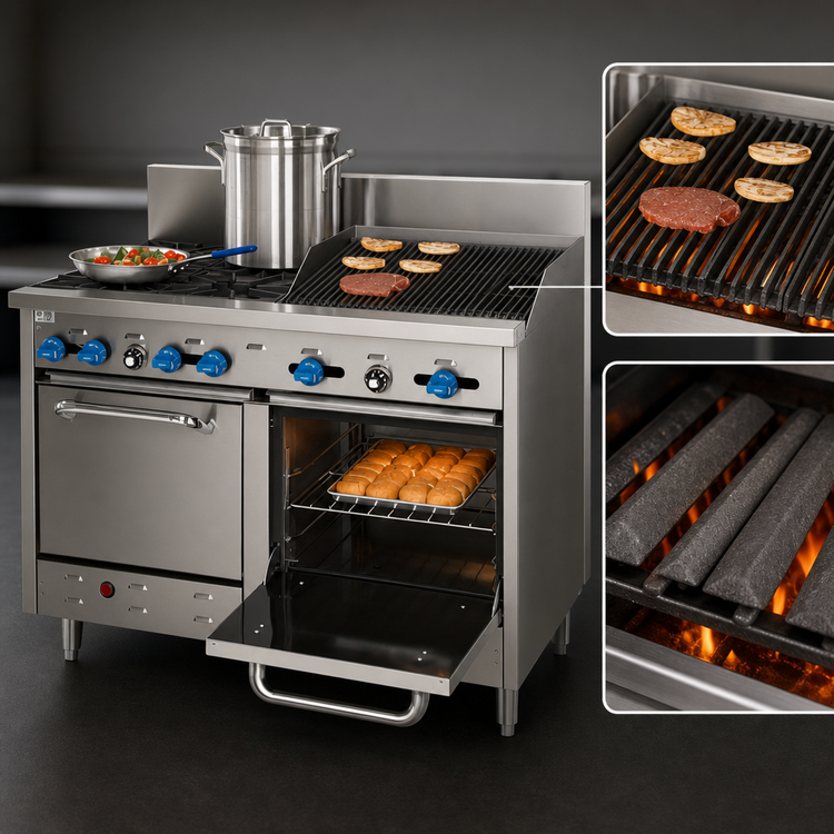 Product image #4 for Comstock-Castle 48-Inch Gas Range with 4 Open Burners, 24-Inch Char-Broiler, and 2 Space-Saver Ovens