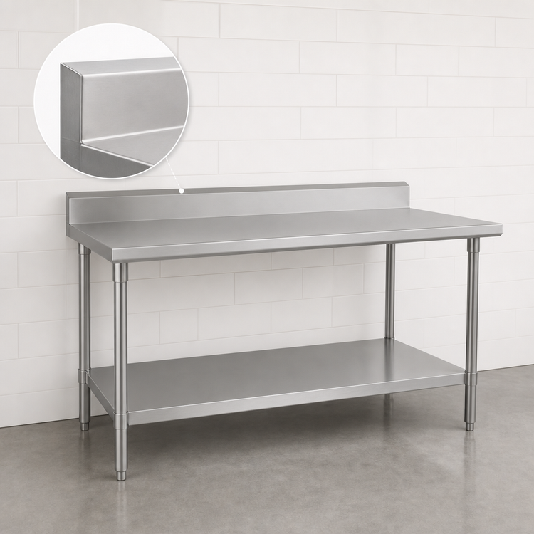 Product image #4 for John Boos Stallion 108" x 36" 16-Gauge 300 Series Stainless Steel Work Table with 5" Backsplash and Adjustable Undershelf