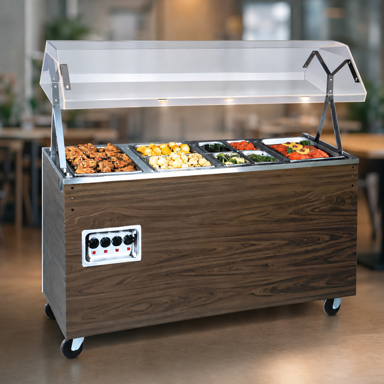 Product image #4 for Vollrath 2-Series Affordable Portable 3-Well Hot Food Station, Open Storage Base, Buffet Breath Guard with Lights, Cherry Woodgrain, 120/208-240V