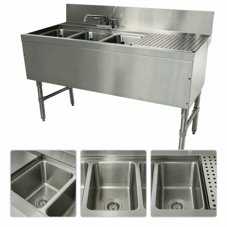 Product image #4 for Advance Tabco Prestige Supreme 3-Compartment Stainless Steel Underbar Sink Unit with Right Drainboard and Deck Mount Faucet, 48W x 25D x 36H