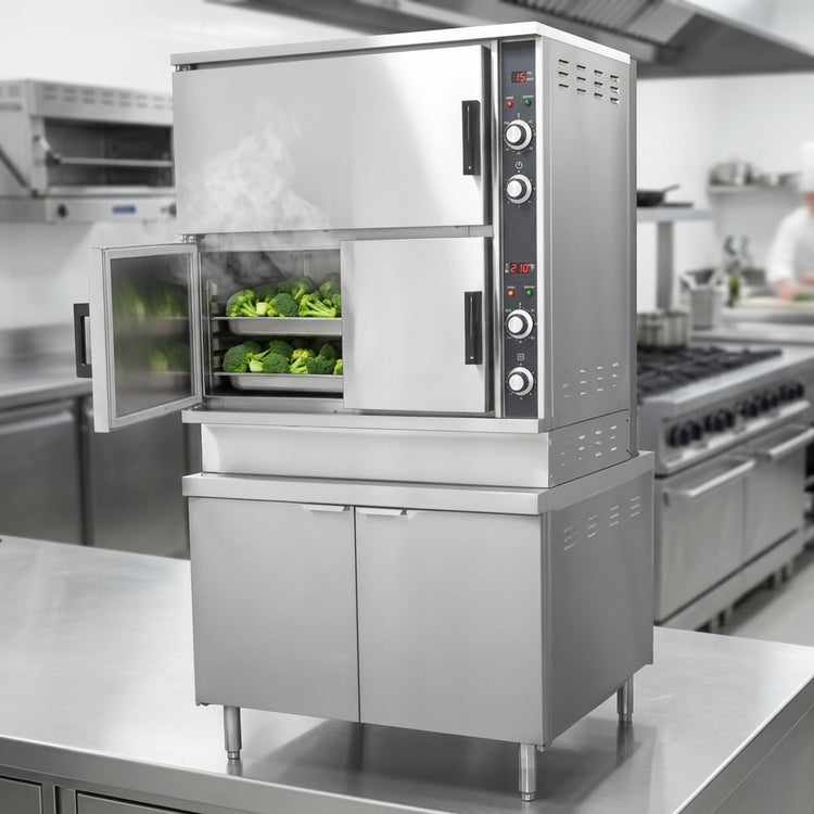 Product image #3 for Crown DCX-16 Two Compartment Direct Steam Convection Steamer with 36" Cabinet Base