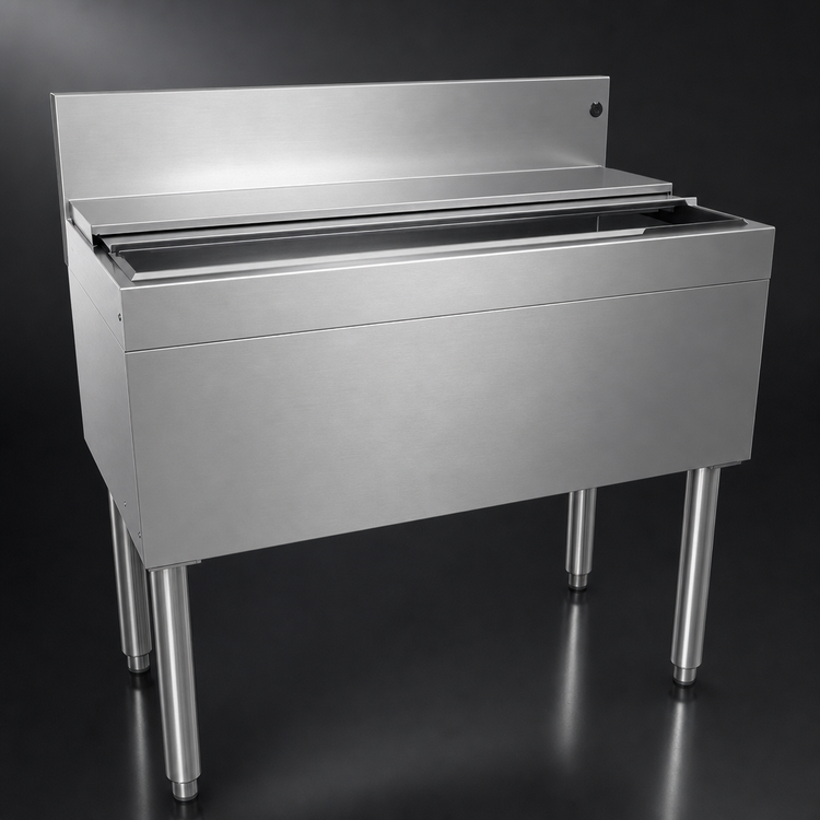 Product image #4 for Glastender Underbar Stainless Steel Ice Bin with Sliding Cover, 36 Inch W x 19 Inch D, 100 lb Capacity
