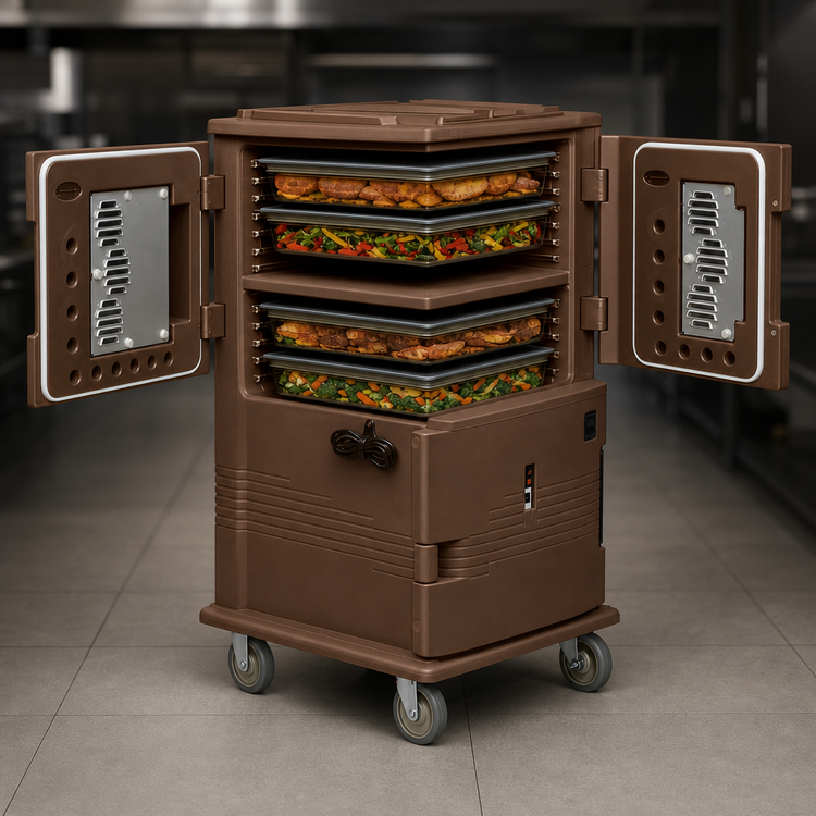 Product image #5 for Cambro Ultra Camcart H-Series Front-Loading Heated Food Pan Carrier with Security Package, 2-Compartment, 110V, Dark Brown