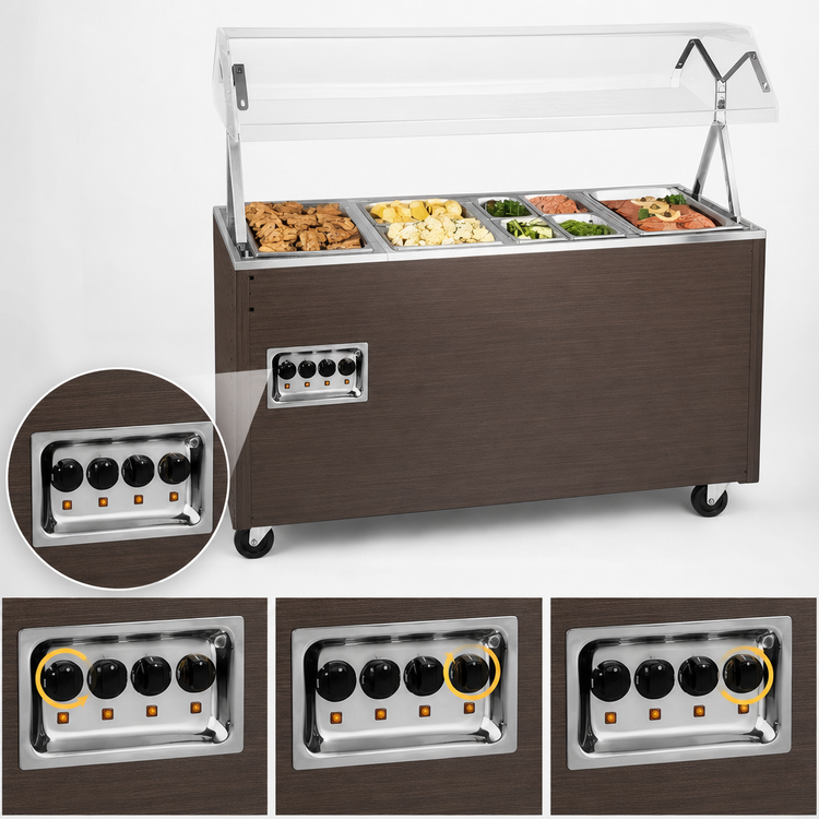 Product image #4 for Vollrath 2-Series Affordable Portable 4-Well Mobile Hot Food Station with Buffet Breath Guard, Enclosed Storage Base and Walnut Woodgrain Finish