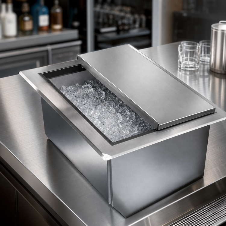 Product image #4 for Steel Works Stainless 18 Inch x 18 Inch Insulated Drop-In Ice Bin with Sliding Cover, 65 lb. Capacity