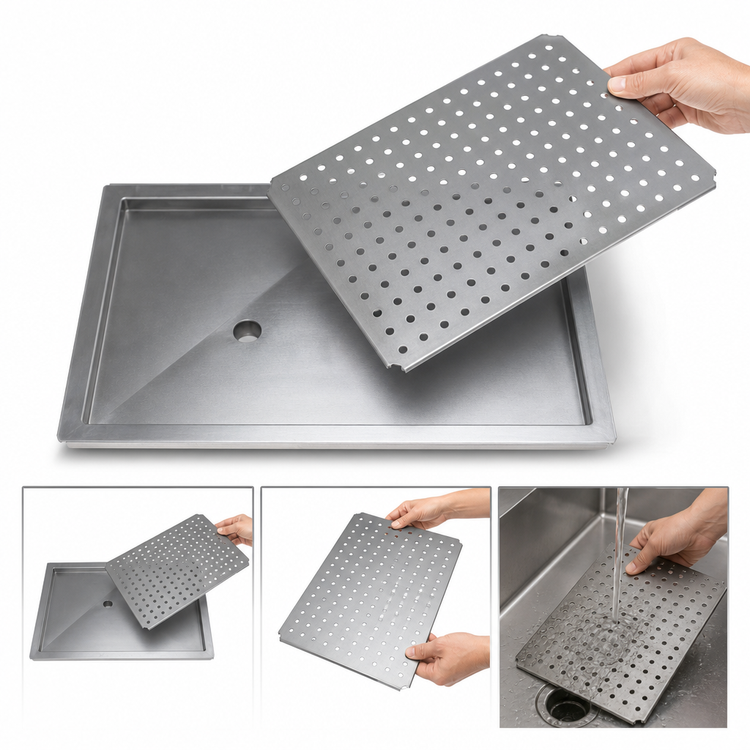 Product image #4 for Advance Tabco 18 x 48 Inch Drop-In Countertop Drain Pan with Removable Stainless Steel Drip Tray, 16 Gauge 300 Series Stainless Steel