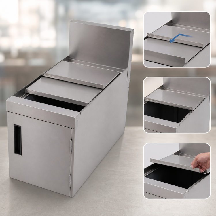 Product image #4 for Prestige Stainless Steel Underbar Trash Receptacle Cover with Sliding Cover and Hinged Front Door, 12 x 25 x 19 Inches