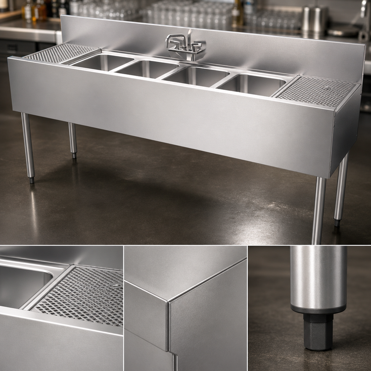 Product image #5 for Top Shelf TS Series 72-Inch Four-Compartment Stainless Steel Underbar Multi-Tank Sink Unit with Left and Right Drainboards