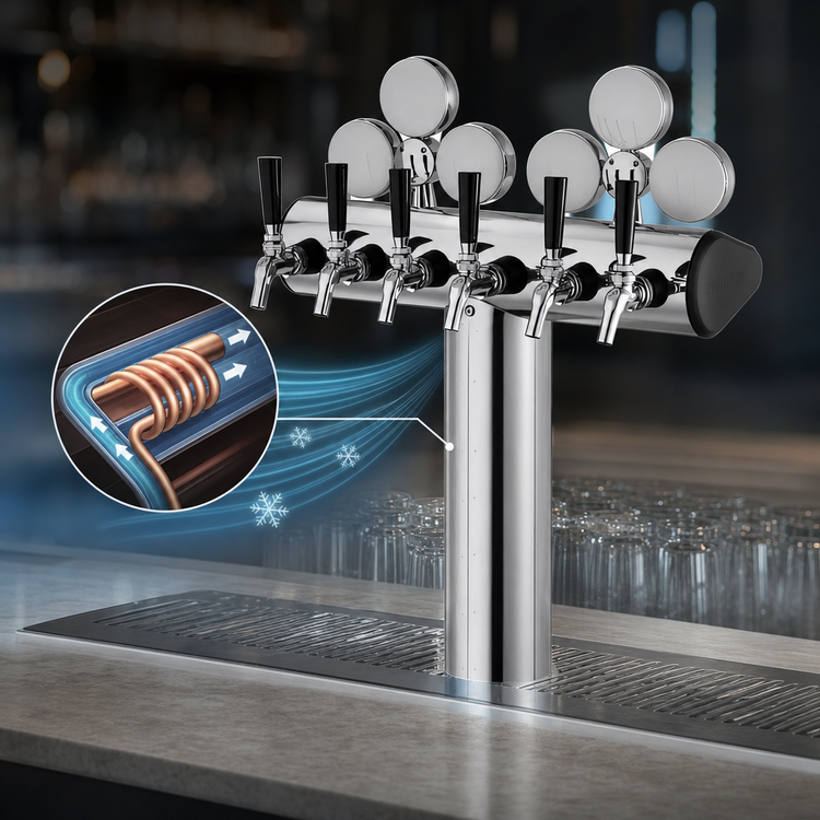 Product image #4 for Perlick Illuminated Winged Tee 5-Faucet Glycol-Cooled Countertop Beer Draft Tower, Stainless Steel Finish