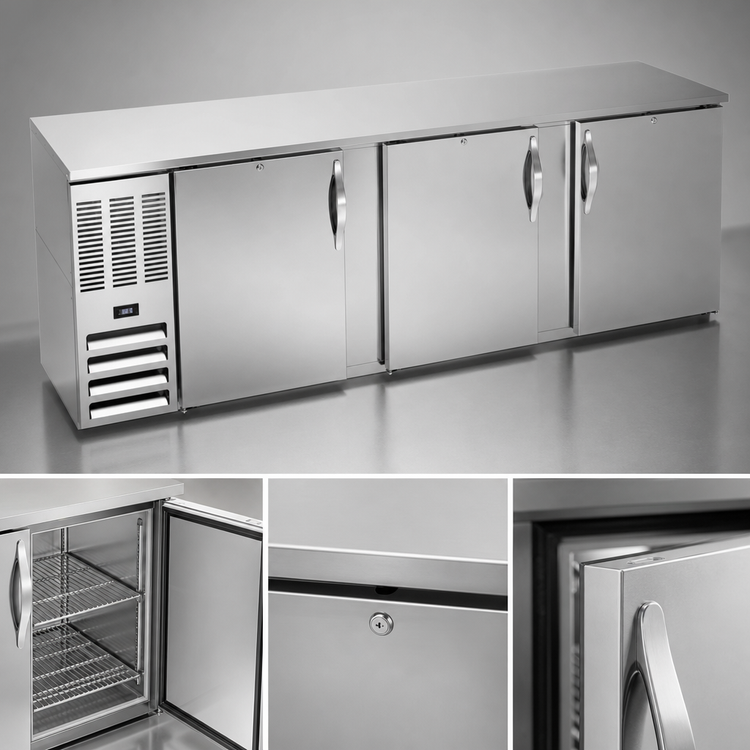 Product image #4 for Food-Rated Solid-Door Back Bar Refrigerator, Three-Section, 94-Inch Wide, Self-Contained R290