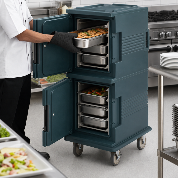 Product image #5 for Cambro Ultra Camcart H-Series 2-Compartment Electric Front-Loading Heated Food Pan Carrier, 110V, Granite Green
