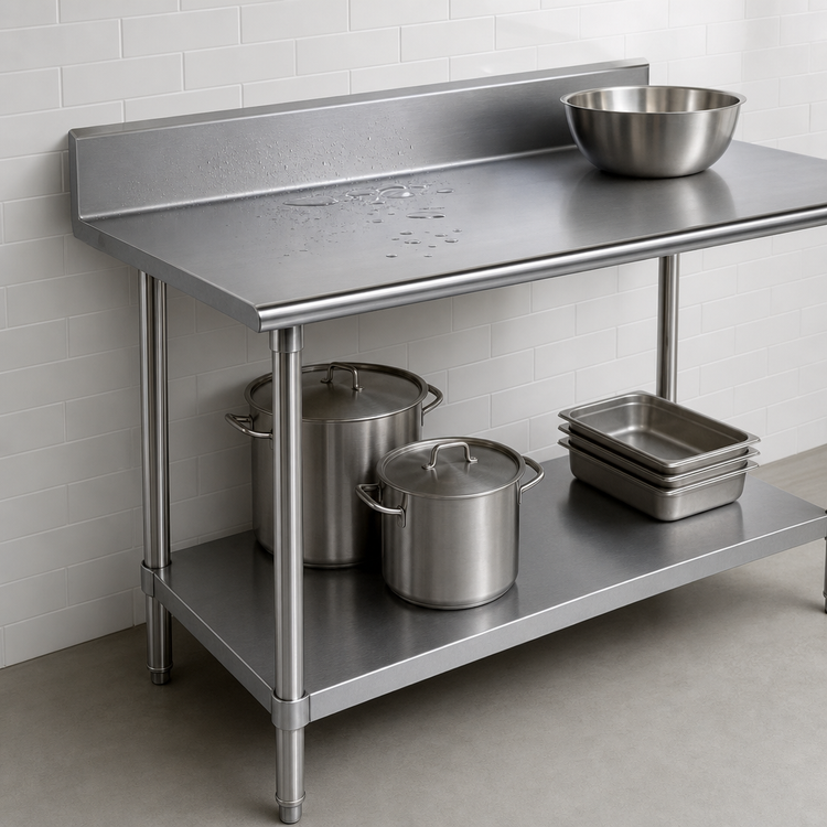 Product image #4 for Advance Tabco 144-Inch x 30-Inch 16-Gauge 430 Stainless Steel Work Table with 5-Inch Backsplash and Adjustable Undershelf