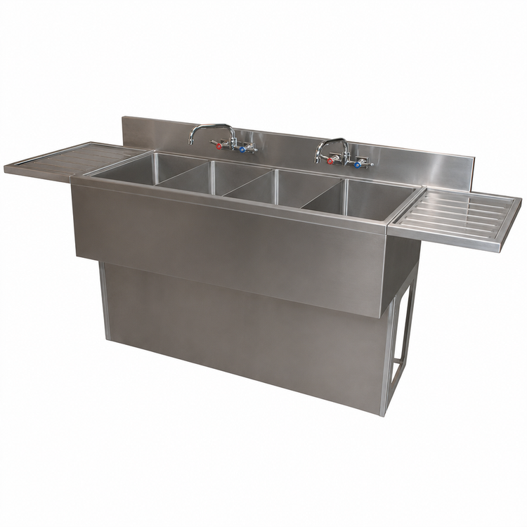 Product image #5 for BK Resources 96-Inch Wide Slim-Line 4-Compartment Underbar Sink with Dual Drainboards and Faucets