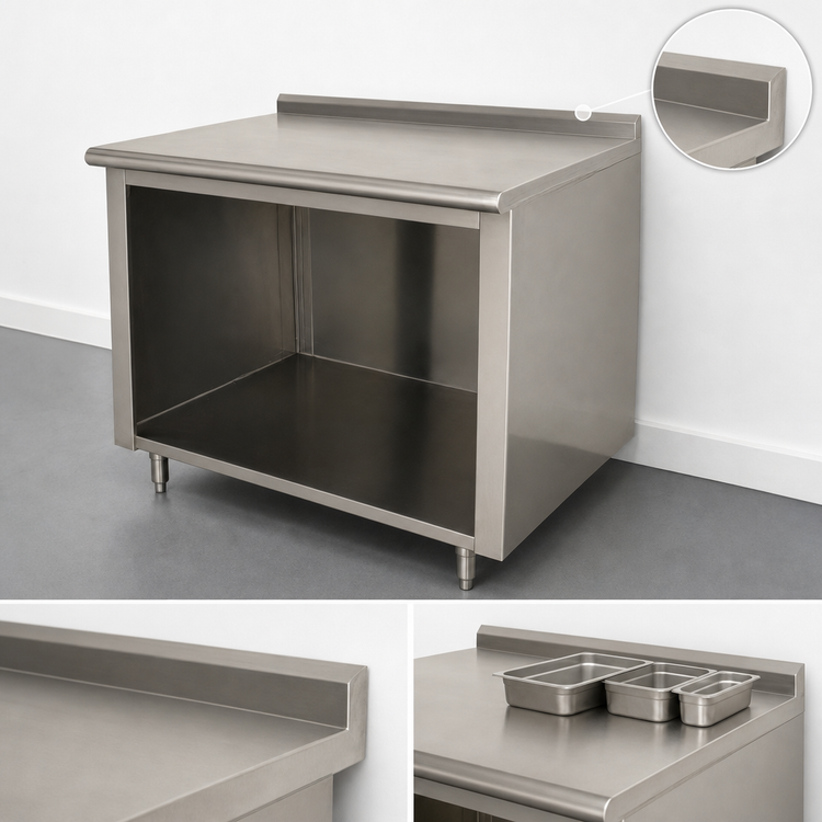 Product image #4 for Advance Tabco 72 Inch x 24 Inch Stainless Steel Work Table with Open Front Cabinet Base and 1-1/2 Inch Rear Up-Turn