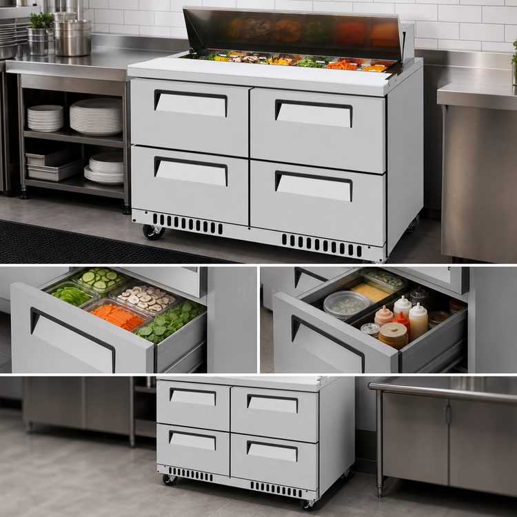 Product image #4 for Turbo Air Super Deluxe Two-Section Sandwich/Salad Prep Table with 4 Drawers, 48-1/4 Inch Wide